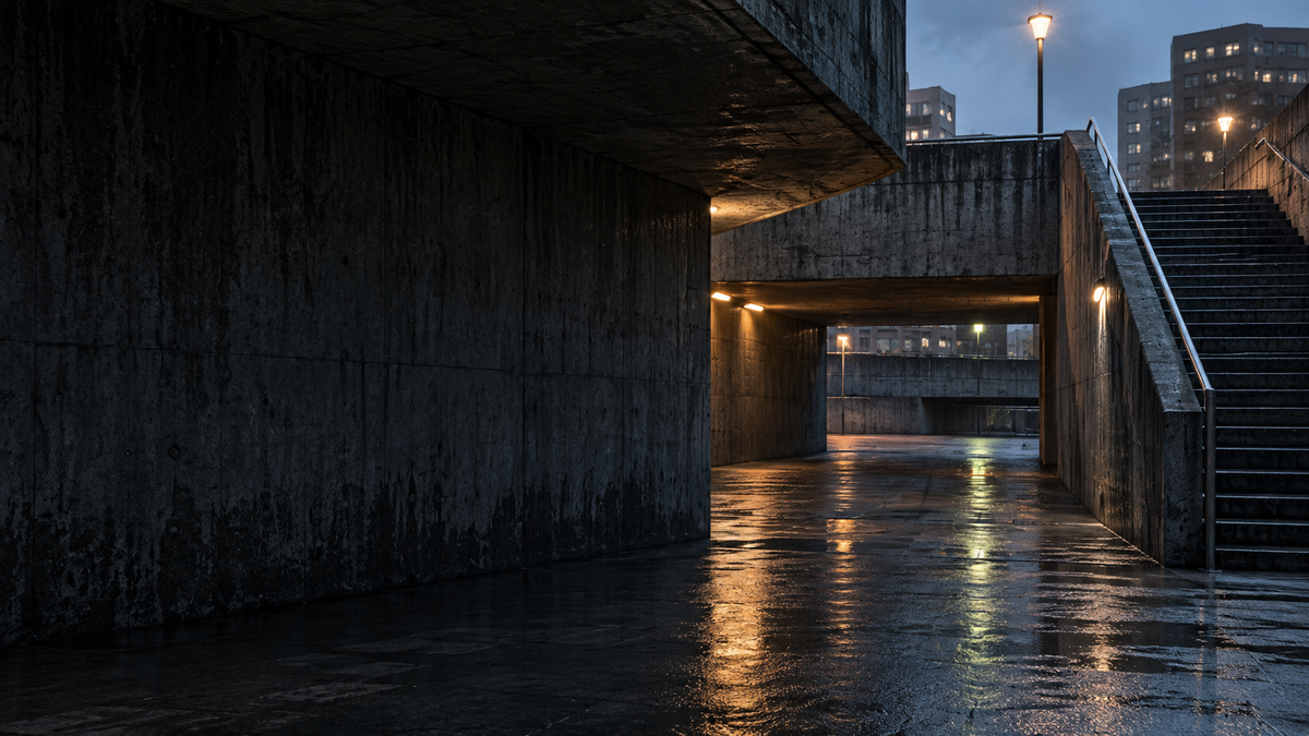 Concrete city passage at dusk, Apex Urban After Hours campaign